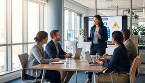 Corso di formazione sulla sicurezza sul lavoro in aula, con formatore e gruppo di lavoratori